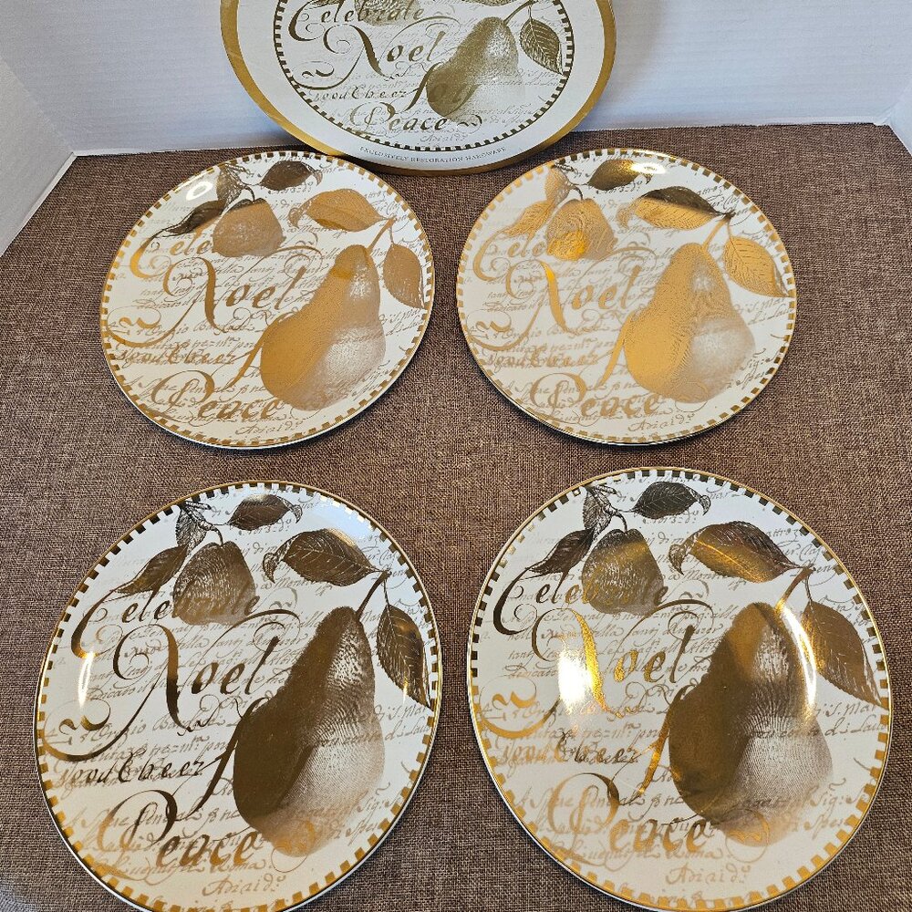 Restoration Hardware Dining Set of 4 Gold Holiday Plates 8.25" Original Box